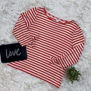 J. Crew 3/4 Tie Sleeve Top 💗 Red & Cream 100% Cotton